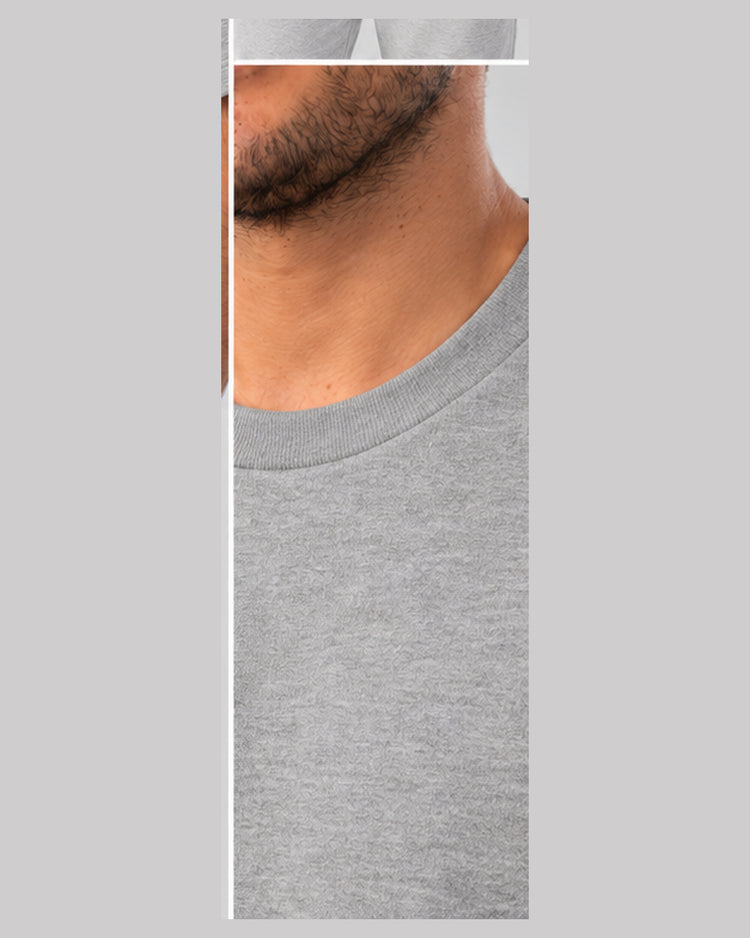 ALO Conquer Reform Crewneck gris - detalle de tela, cuello y logo ALO